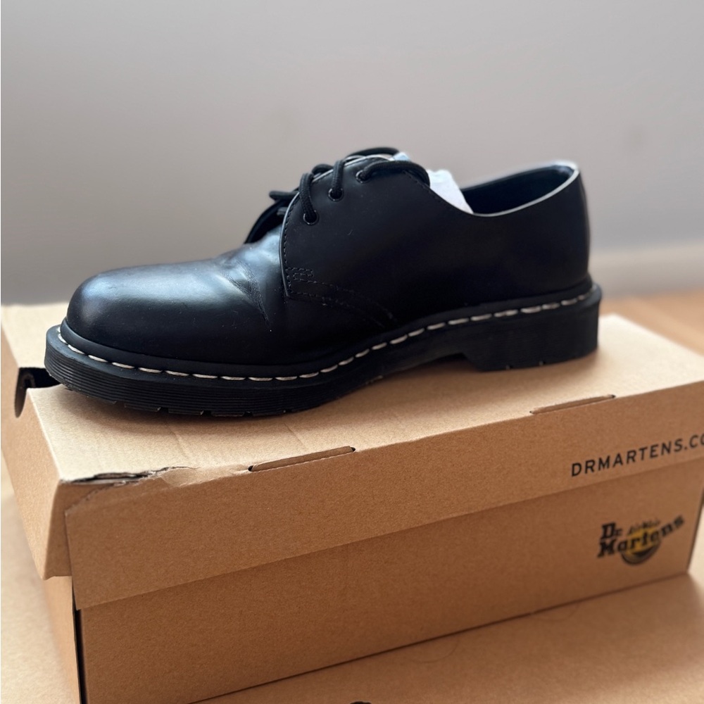 Dr. Martens Black Leather 1461 Shoe with White Contrast Stitching men’s 10